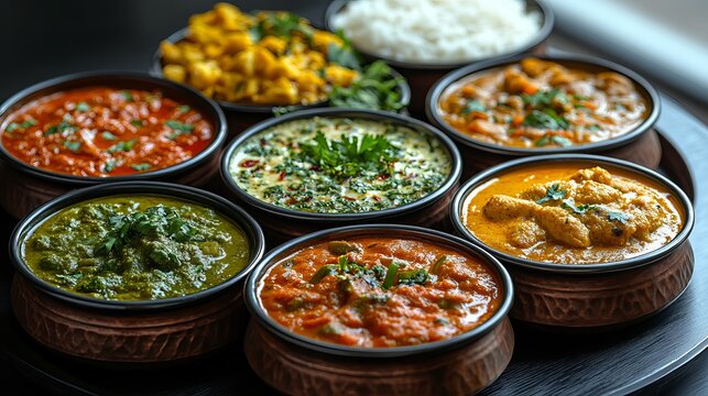 Delicious indian food variety platter with curry dishes and rice dal eat saag aloo gobi meal spicy