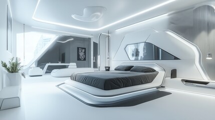 Modern minimalist bedroom design with lighting and sleek furnishings