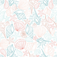 Seamless pastel marine pattern with shells and starfish on white background. Perfect for textile, wrapping paper, and beach decor.