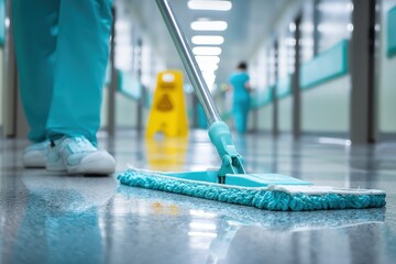 Close up of a healthcare worker mopping a hospital hallway floor with a caution sign and another worker, showcasing hygiene and cleanliness.