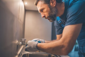 Focused plumber fixing a sink faucet connection with precision in a home setting, showcasing skilled plumbing and repair work, ensuring leak-free performance.