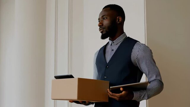 Stylish young Afro American man in formal shirt and vest holding cardboard box and digital tablet while standing near bright window in modern office, concept of career change or new beginnings