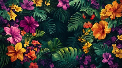 Vibrant Tropical Flowers and Lush Leaves Background