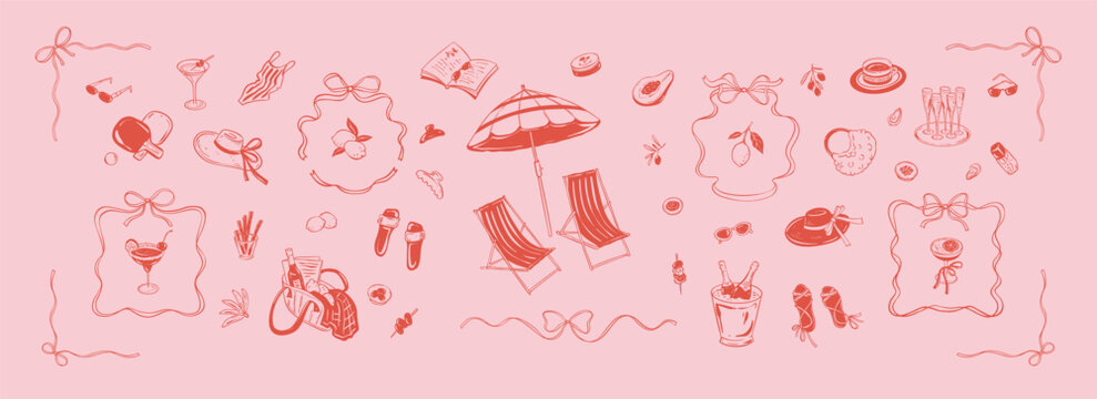 Coquette style girly design elements on pink background. Summer beach bachelorette party sketch outline drawings. Italian vacations. Aesthetic picnic design elements. Whimsical bow frames and corners