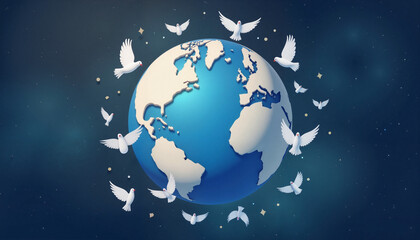 Doves flying around globe in serene space, symbolizing peace