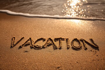 Vacation word written in sand with ocean waves during sunset. AI generated image