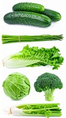 Organic Green Vegetables Collection with Clipping Path on Isolated White Background