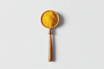 Top-down shot of a wooden spoon filled with vibrant yellow turmeric powder, a spice used in cooking, presented on a clean white background surface, highlighting its rich color.