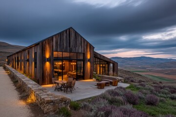 Fototapeta premium A charming rural retreat features a rustic wooden barn house with scenic mountain views, cozy outdoor seating, and a warm, inviting atmosphere in the countryside.