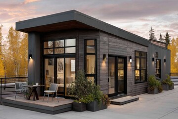 Obraz premium Modern and minimalist tiny house exterior with wooden siding and large windows, featuring a cozy outdoor seating area with a table and chairs, set against a scenic sky.