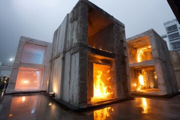 Three concrete structures with intense fire inside, creating dramatic reflections on a wet surface after a rainfall.