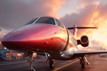 Obraz premium A luxurious private jet stands on the tarmac against a stunning sunset sky, showcasing elegant design and representing wealth, freedom, and high-end travel.