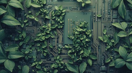 Fototapeta premium A circuit board with green plants growing out of it, symbolizing the relationship between technology and nature.