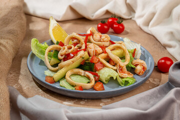 Seafood Salad with Squid, Shrimps and Fresh Vegetables
