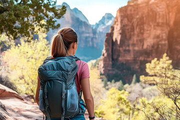 Naklejka premium Young woman wearing backpack is looking at the view on the trail to Angel's Landing in Zion National park in Utah, USA. Female on a hiking trail in Zion National Park in Usa.