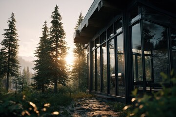 Obraz premium Modern house with large glass windows in a forest setting during sunrise with tall trees and sunlight, showcasing nature and modern architecture seamlessly.