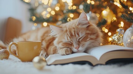 Obraz na płótnie Canvas Cozy orange cat sleeping on book by Christmas tree 
