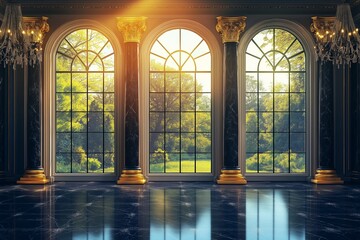 Sunlight illuminates a grand hall through large windows in palace or castle, surrounded by lush greenery