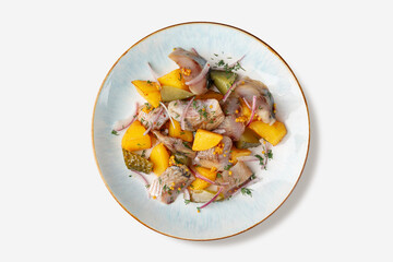 Top View of Rustic Herring Salad with Potatoes, Pickles and Red Onion