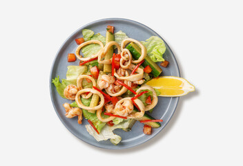 Top View of Seafood Salad with Squid Rings, Shrimps and Fresh Vegetables