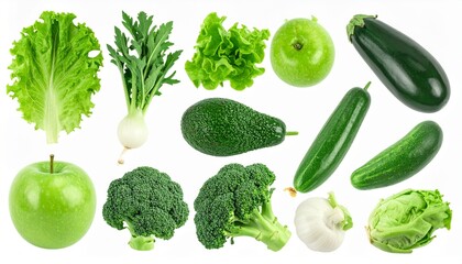 Organic Green Vegetables Collection with Clipping Path on Isolated White Background