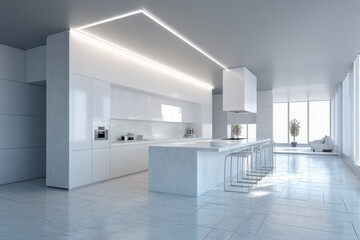 A modern, minimalist kitchen with white marble island and cabinets, featuring sleek design, illuminated by LED lighting, and a bright, airy ambiance, promoting a clean aesthetic.