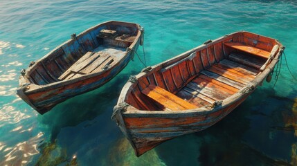 Obraz premium A serene seaside scene with old wooden fishing boats floating on crystal clear turquoise water, sunlight dancing on the waterbed, rustic orange and blue paint on the boats slightly.