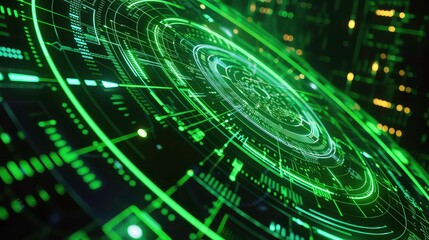 A digital interface with a circular pattern and green neon lights, suggesting futuristic technology or a sci setting.