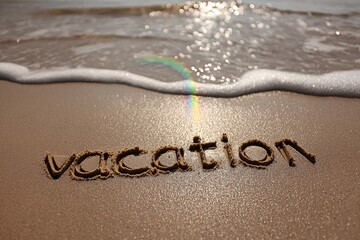 Vacation word written in sand with ocean waves during sunset. AI generated image