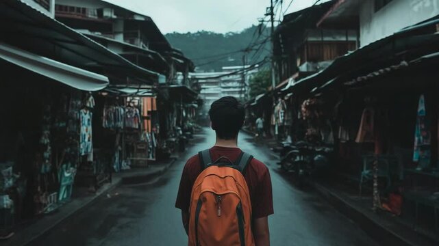 Person with orange backpack walking down a narrow street in a foreign country.
