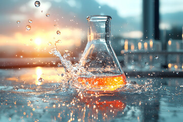 A dynamic image of an Erlenmeyer flask with orange liquid and splashing water. It could be used for chemistry websites or educational materials. Showcasing science concepts visually.