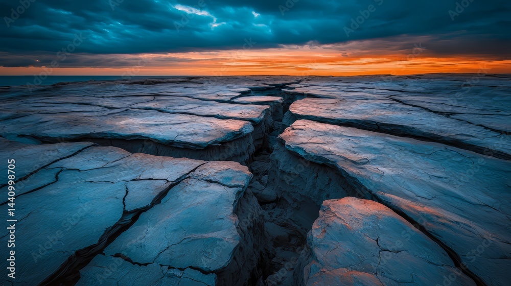 Aufkleber desolate landscape with a deep crack in the ground. the sky is a mix of blue and orange, creating a 