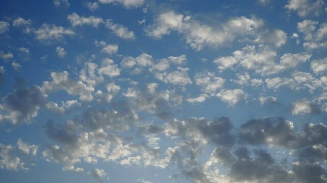 Real time video with altocumulus high cumulus heaped cloud stratocumuliform. Globular masses or rolls in patches. Cumuliform stratocumuliform clouds altocumulus signifies convection. Blue evening sky