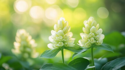 White flowers blooming in a lush, green garden with bokeh light shining through