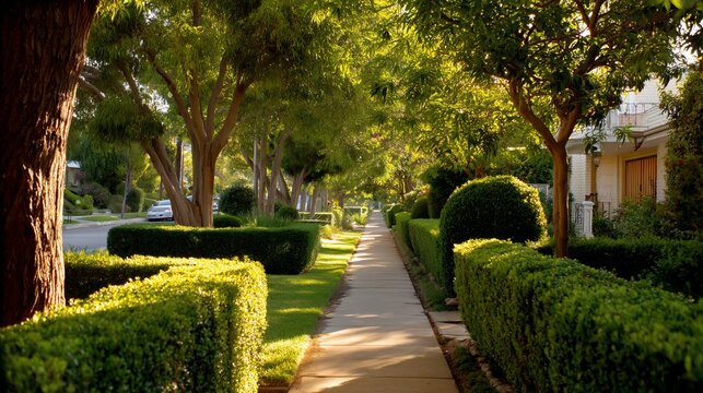 Sunny residential street lined with trees and trimmed hedges