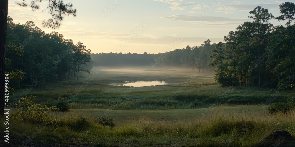 Poster forest with a lake in the middle. the lake is surrounded by trees and the sky is cloudy
