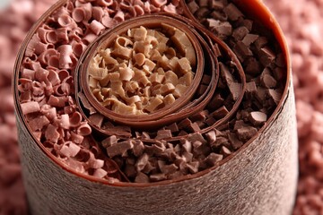 Chocolate cylinder with assorted flavor fillings; pink chocolate curls, light chocolate pieces, and dark chocolate squares