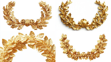 Four golden laurel wreaths isolated on white.