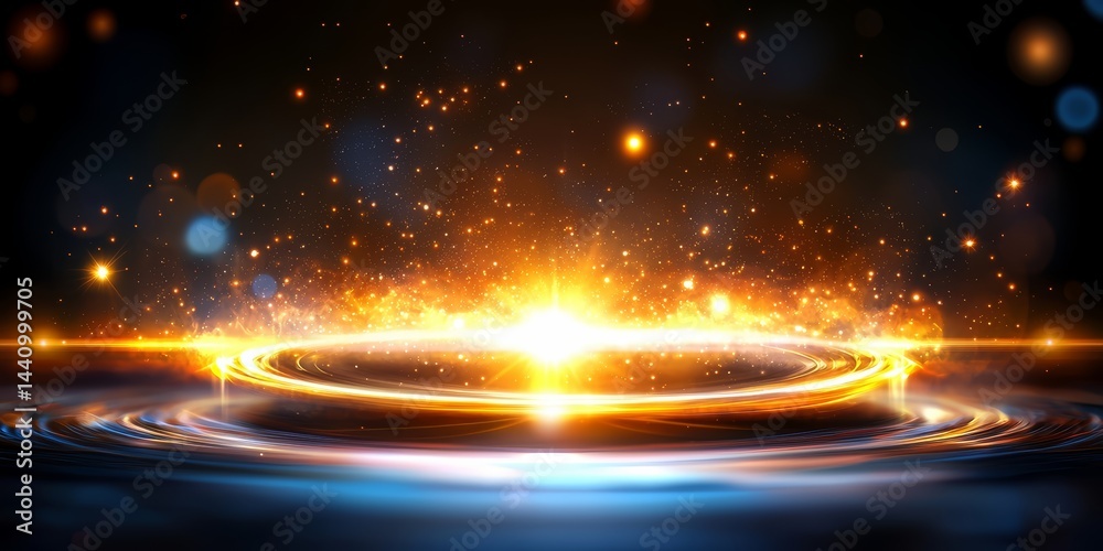 Poster glowing circle of light is surrounded by a dark background. the light is bright and warm, creating a