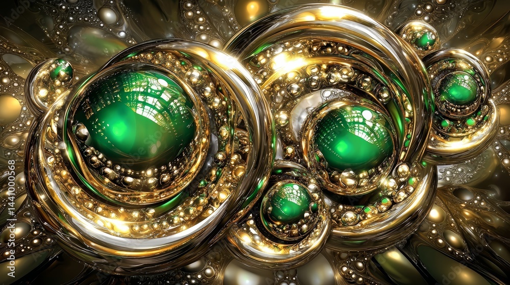 Leinwandbilder Gold and green design of spheres. The spheres are of different sizes and are arranged in a way that creates a sense of depth and movement. Scene is one of elegance and sophistication