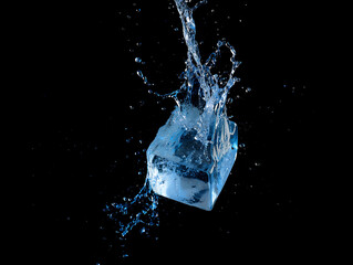 Ice Cube Plunging into Water with Splash on Black Background
