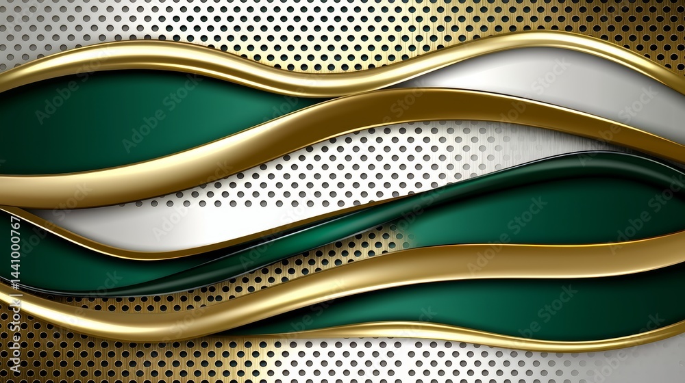 Poster gold and green wave pattern with white spots. the pattern is made up of gold and green stripes