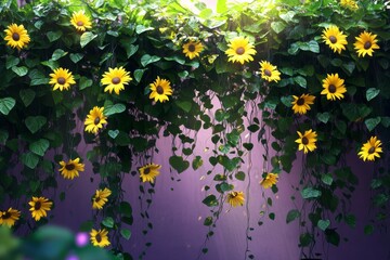 A vibrant display of sunflowers cascading down a purple wall.