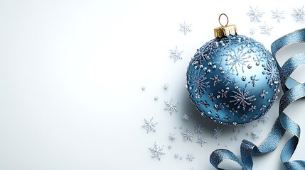 Festive blue ornament with snowflakes on a white background.