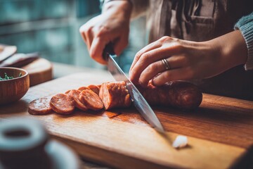 Obraz premium A person skillfully cuts sausage into round slices on a wooden cutting board. The kitchen is vibrant with natural light, emphasizing the fresh ingredients around