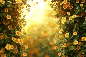 Obraz premium Sunlight filters through a floral archway of yellow flowers.