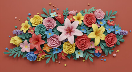 Obraz premium Colorful Paper Flowers Arrangement Roses, Lilies, and Blossoms on Red Background - Floral Art