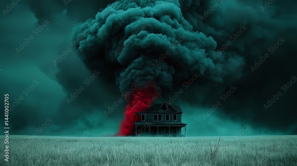 Poster house is on fire in a field with smoke and fire. the house is surrounded by a field of grass