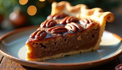 Delicious pecan pie slice closeup with rich filling and golden crust representing comfort food or holidays