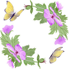 Corner square frame with light purple geranium maculatum flowers and butterflies by watercolor
